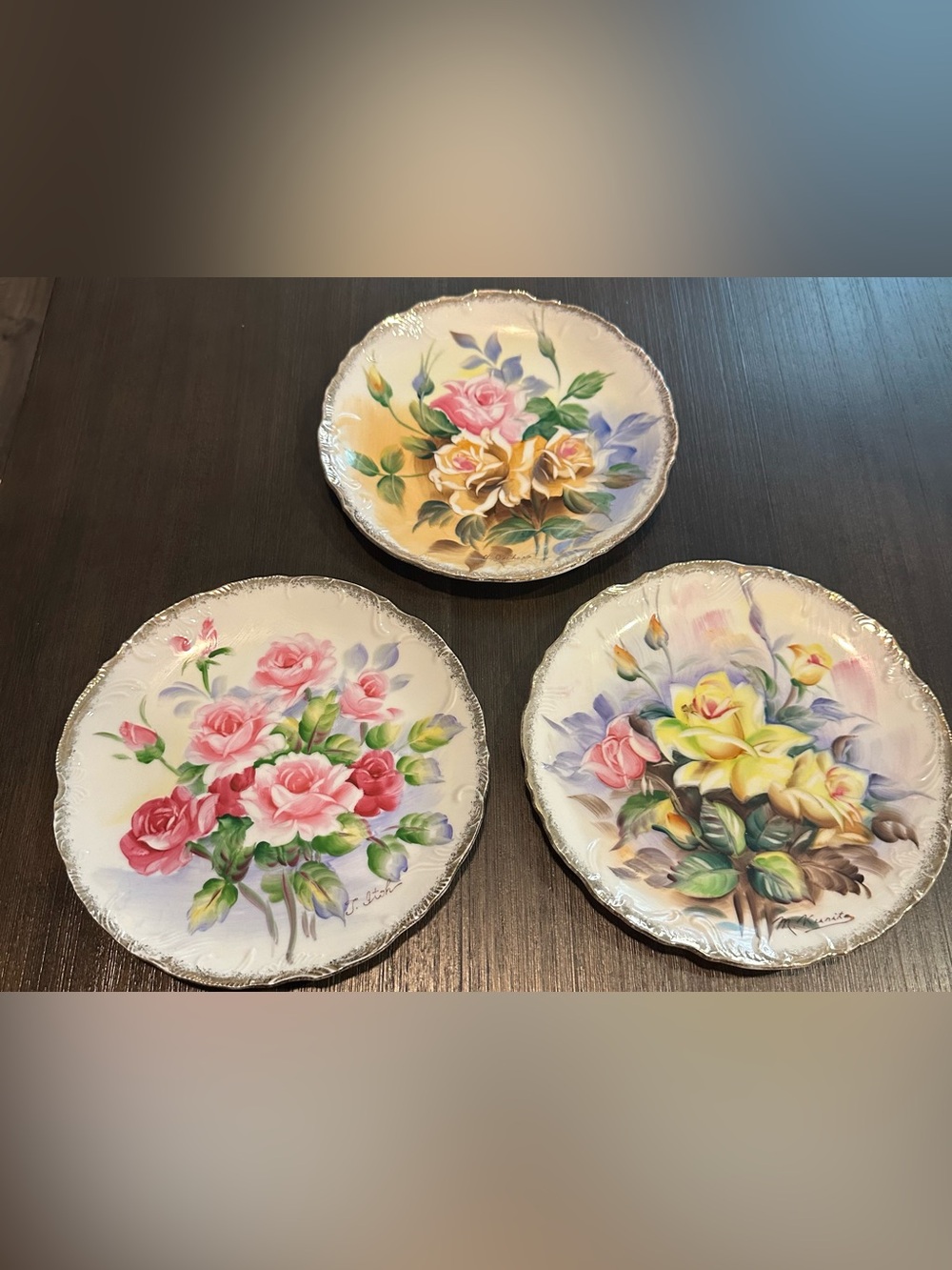 Vintage Norleans Japan Hand-Painted Porcelain Rose Cabinet Plates - Signed Trio